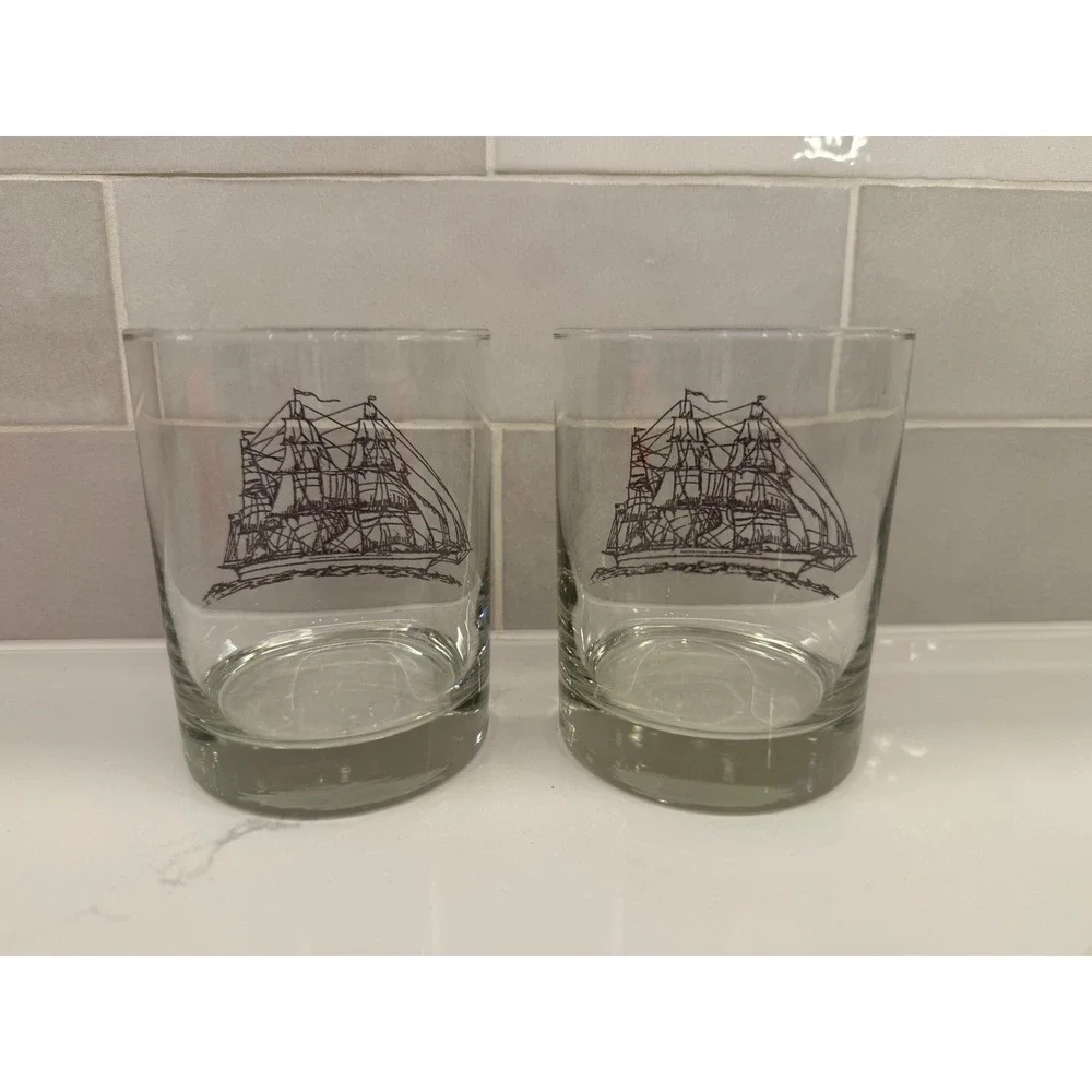 Vintage Ship Whiskey Glasses Set of 2 Brown Nautical Sailing Boat Rocks Tumblers